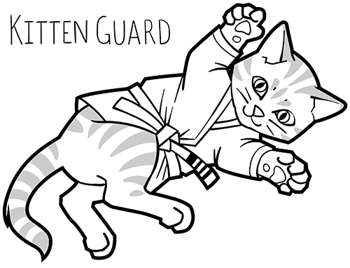 Kitten wearing Brazilian jiu-jitsu grappling gi in a guard position.