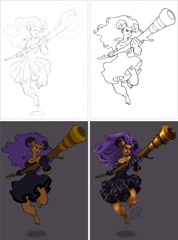 Digital painting of druid, stages in the drawing process: sketch, line art, flat colors, final image
