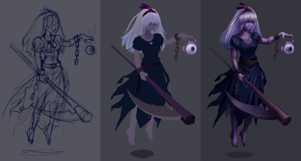 Digital painting of ghost character, stages in the drawing process: sketch, flat colors, final image