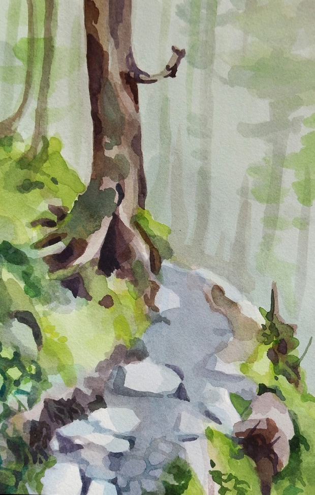 Postcard-sized watercolor painting of a forest path.