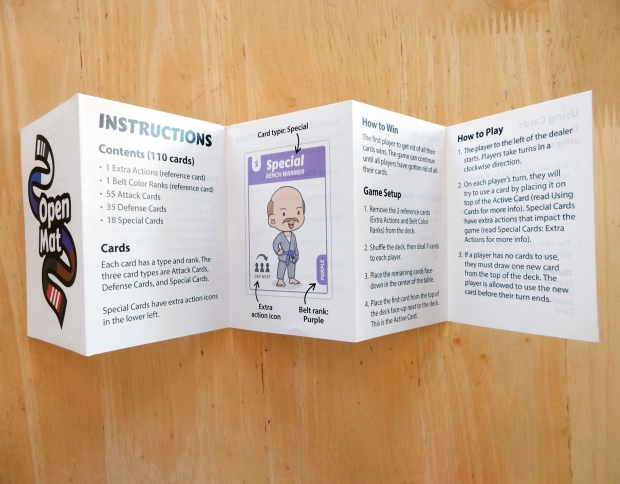 Open Mat card game: instruction sheet, front