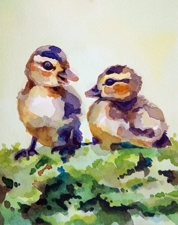 Postcard-sized watercolor painting of two baby ducks.