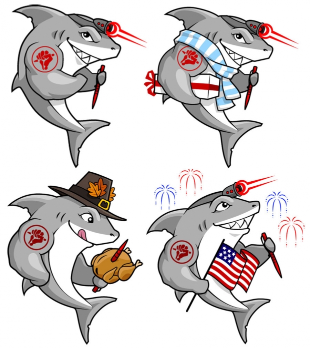 <em>Tuff-Writer</em> Sharks: Original (top left), Winter holiday (top right), Thanksgiving (lower left) and 4th of July (lower right)