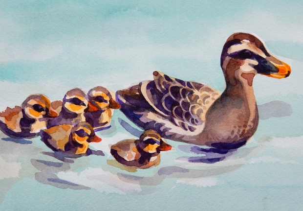 Postcard-sized watercolor painting of a duck family.