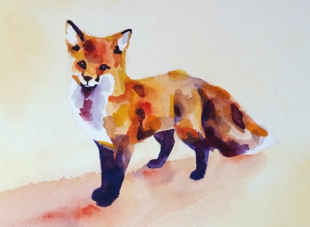 Postcard-sized watercolor painting of a fox.